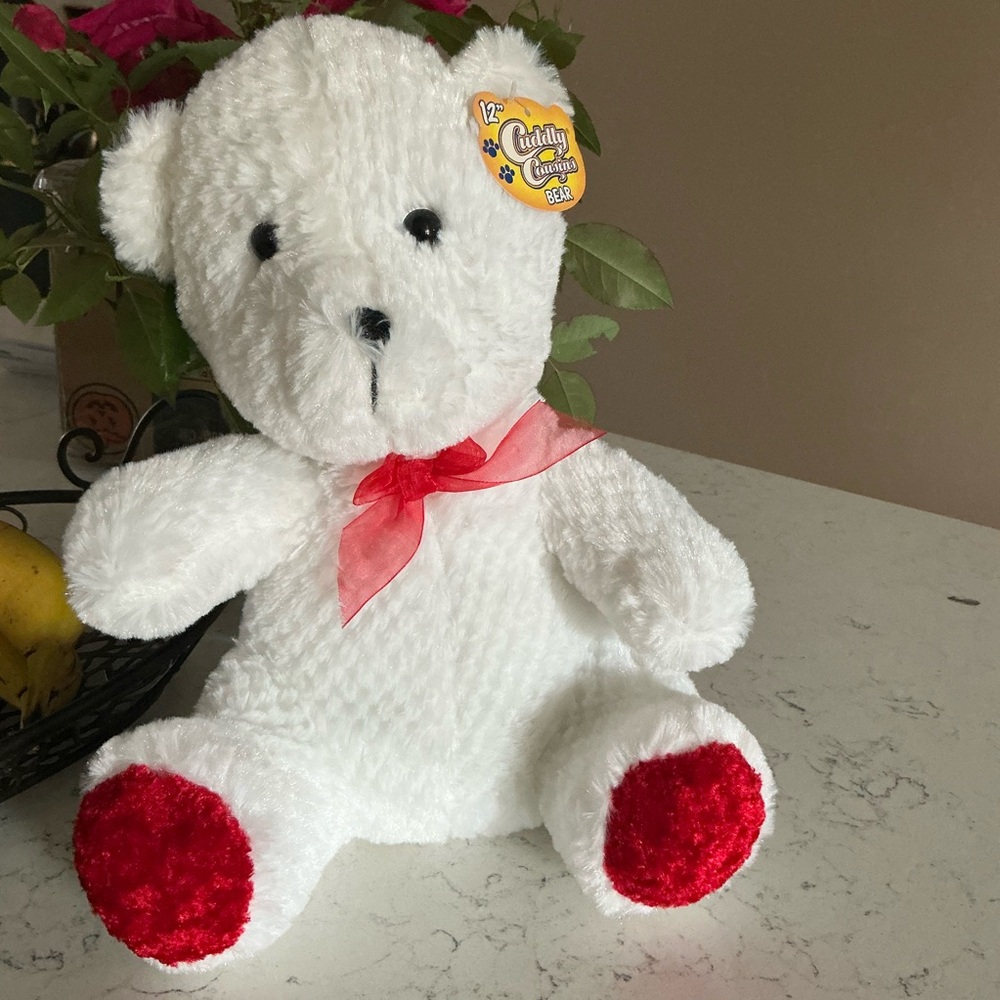 Greenbrier white and red plush toy bear 12”